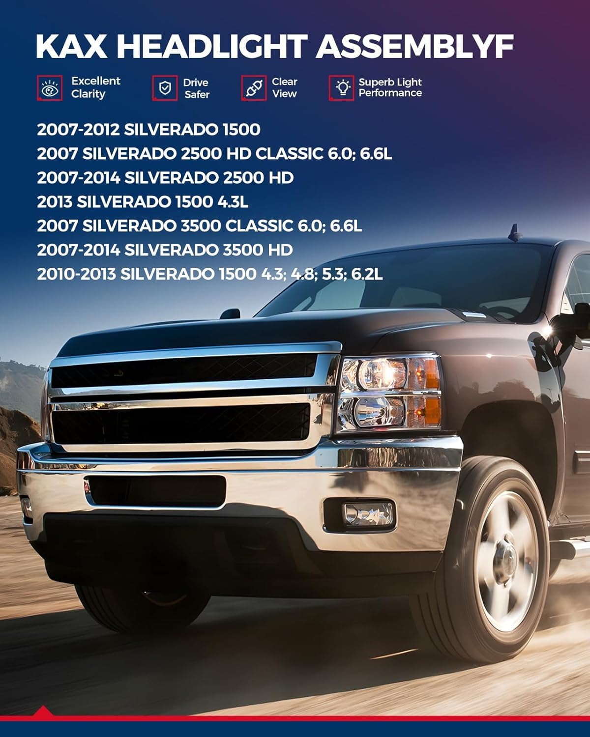 KAX Headlights Assembly Direct Replacement for 2007-2013 Silverado 1500, 2007-2014 Silverado 2500 HD/3500 HD 2007 Silverado 2500 HD Classic/3500 Classic Chrome Housing Clear Lens Amber Reflctor Set
