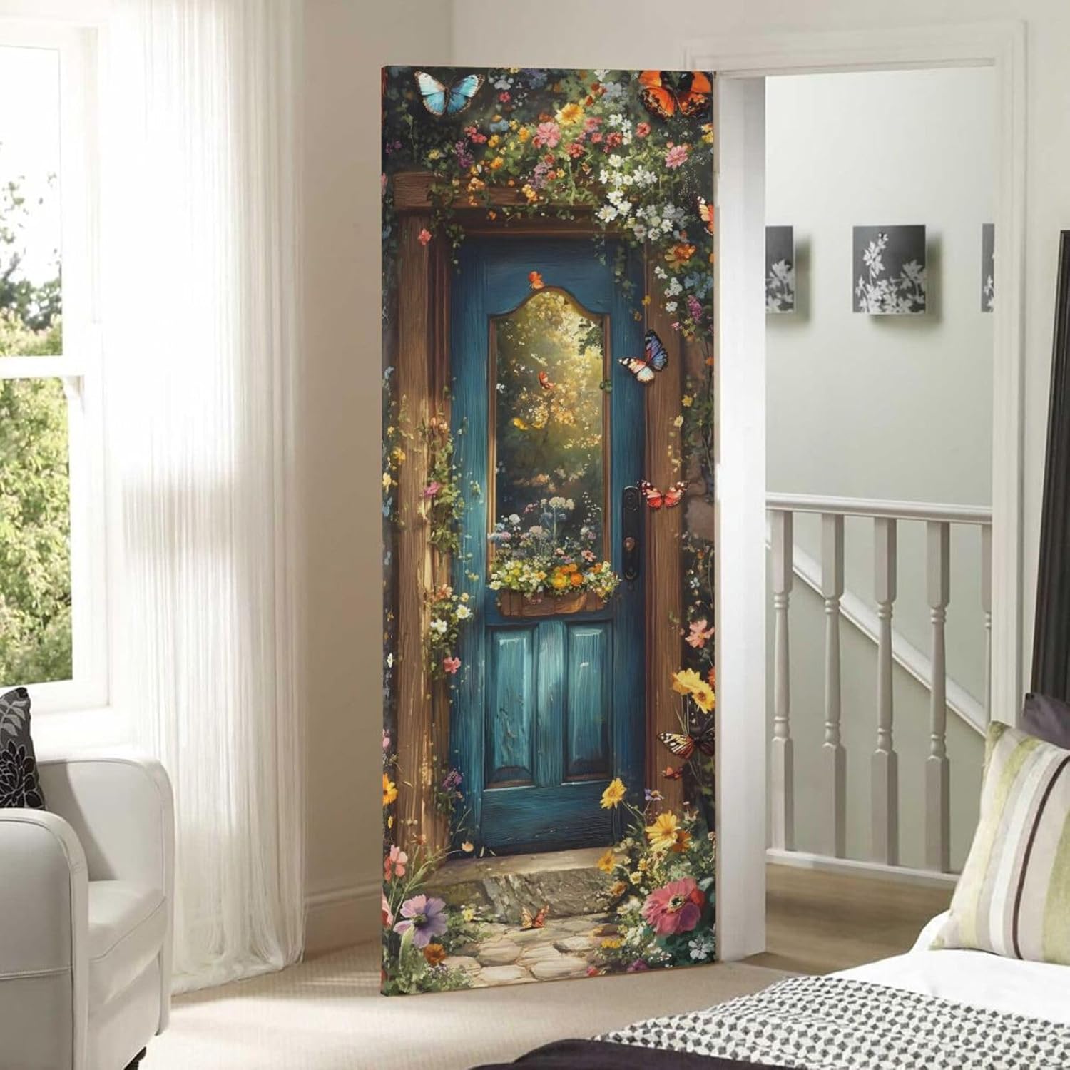 Burbuja Spring Flower Wood Door Cover, Stretch Fabric Backdrop Door Porch Covers for Home Party Holidays Decoration, 35x79 in