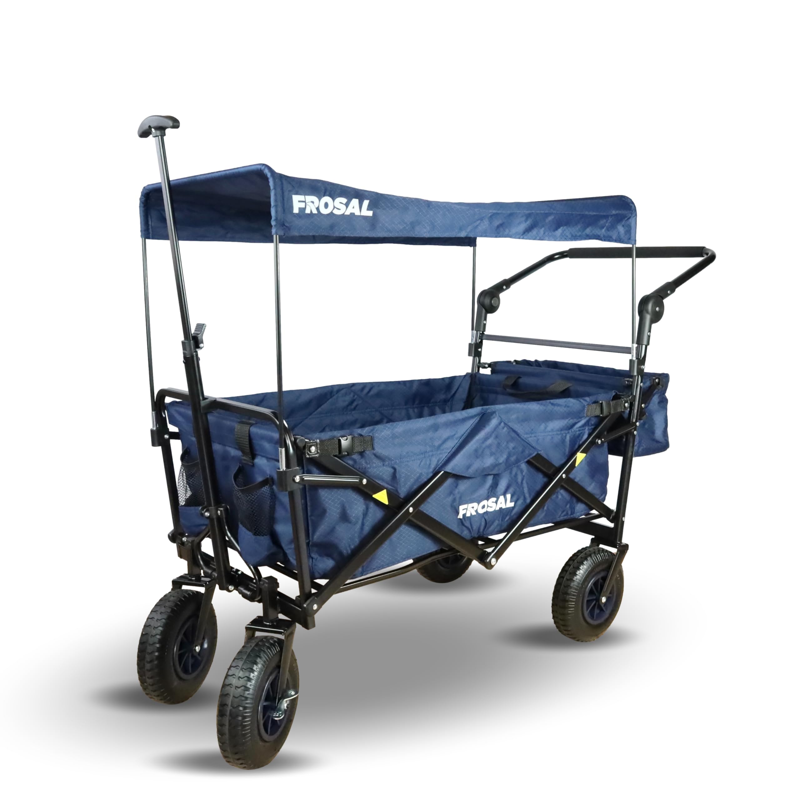 FROSAL Bollerwagen Nick PRO faltbar mit Bremse Dach blau klappbar | Schiebegriff | Luftreifen | Lufträder Ideal für Strand Wald & Feldwege