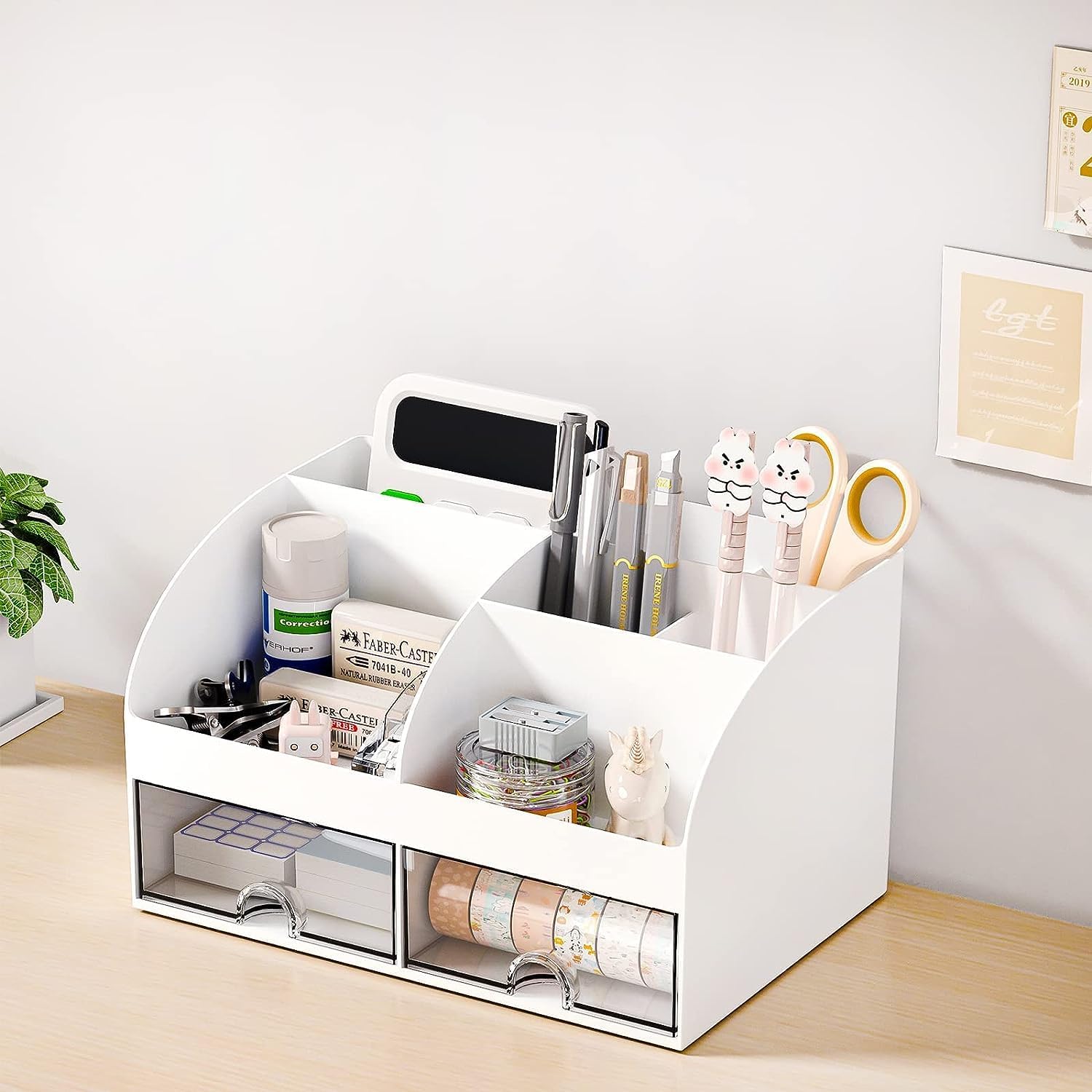 HOME CUBE Desk Organizer with Drawer Desktop Office Stationery Storage Box Desk Accessories Mobile Holder Table Organiser Study Table Office Table Desk Organizer (White, Plastic)
