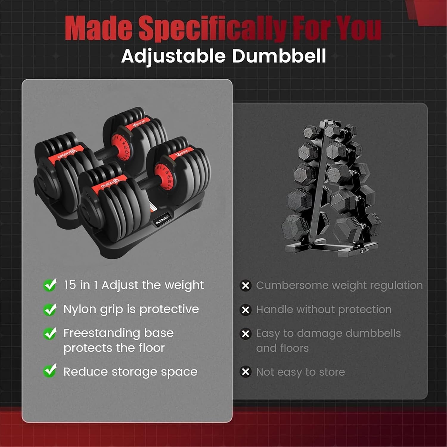 HAKENO 15 Weight in 1 Adjustable Dumbbell 53LB with Fast Automatic Adjustable and Weight Plate for Body Workout Home Gym （24kg/53lb）2pcs