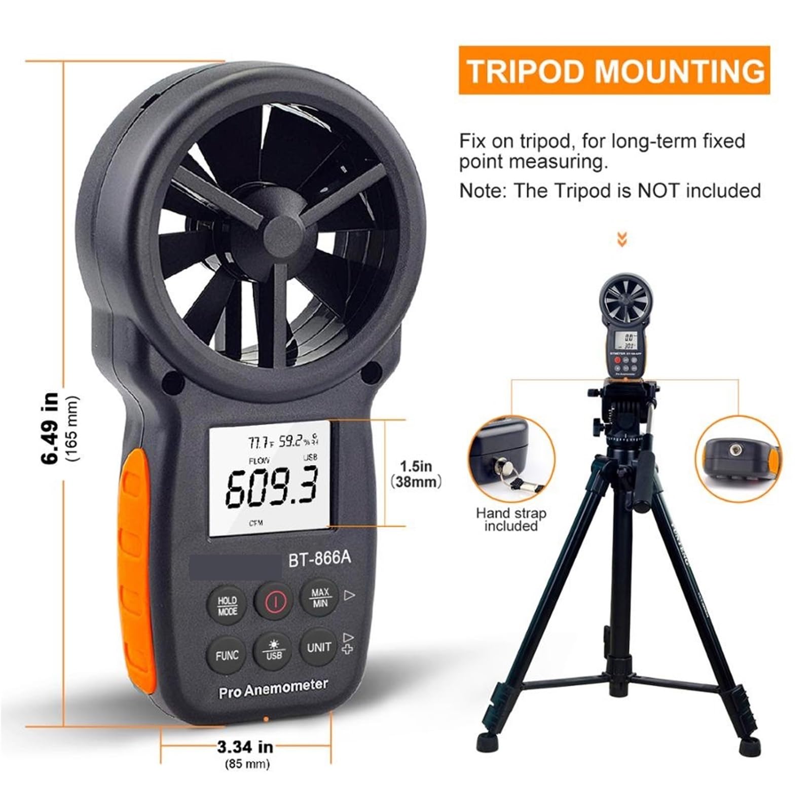 Anemómetro Digital de BT-866A, medidor CFM portátil con conexión USB, medidor de flujo de aire, medida de temperatura del viento/velocidad, sensación térmica CFM