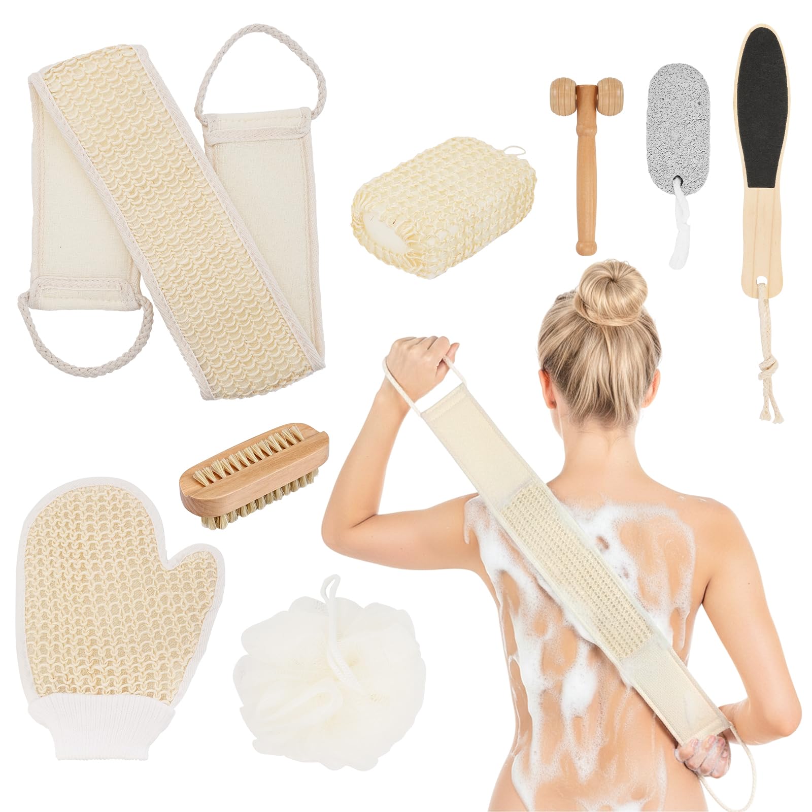 Exfoliating Body Back Scrubber Kit for Shower, 8Pcs Bath Scrubber Set with Shower Brush Exfoliating Glove Mitt and Pumice Stone Foot File for Men and Women Deep Cleansing Remove Dry Dead Skin