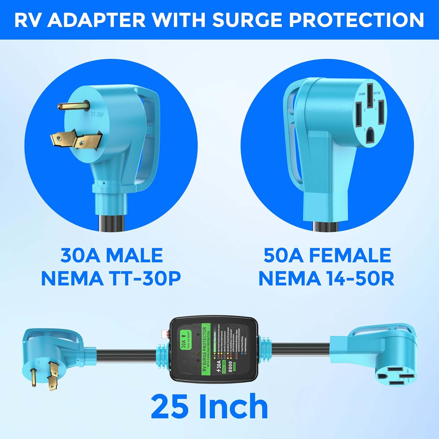 CircleCord 30A to 50A RV Surge Protector Adapter Cord with Circuit Breaker and Analyzer, 8000 Joules, NEMA TT-30P Male to 14-50R Female Electrical Power Dogbone for RV Trailer Camper, ETL Listed