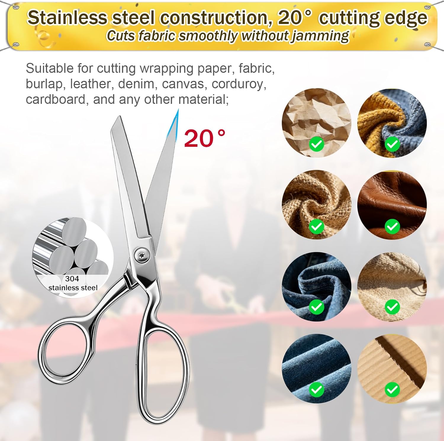 Sewing Scissors Stainless Steel, 8" Gold Scissors, with Protective Sheath, Adjustable Screw Handle, Sharpening Stone, for Sewing, Ribbon Cutting, Home & Office (Silver)