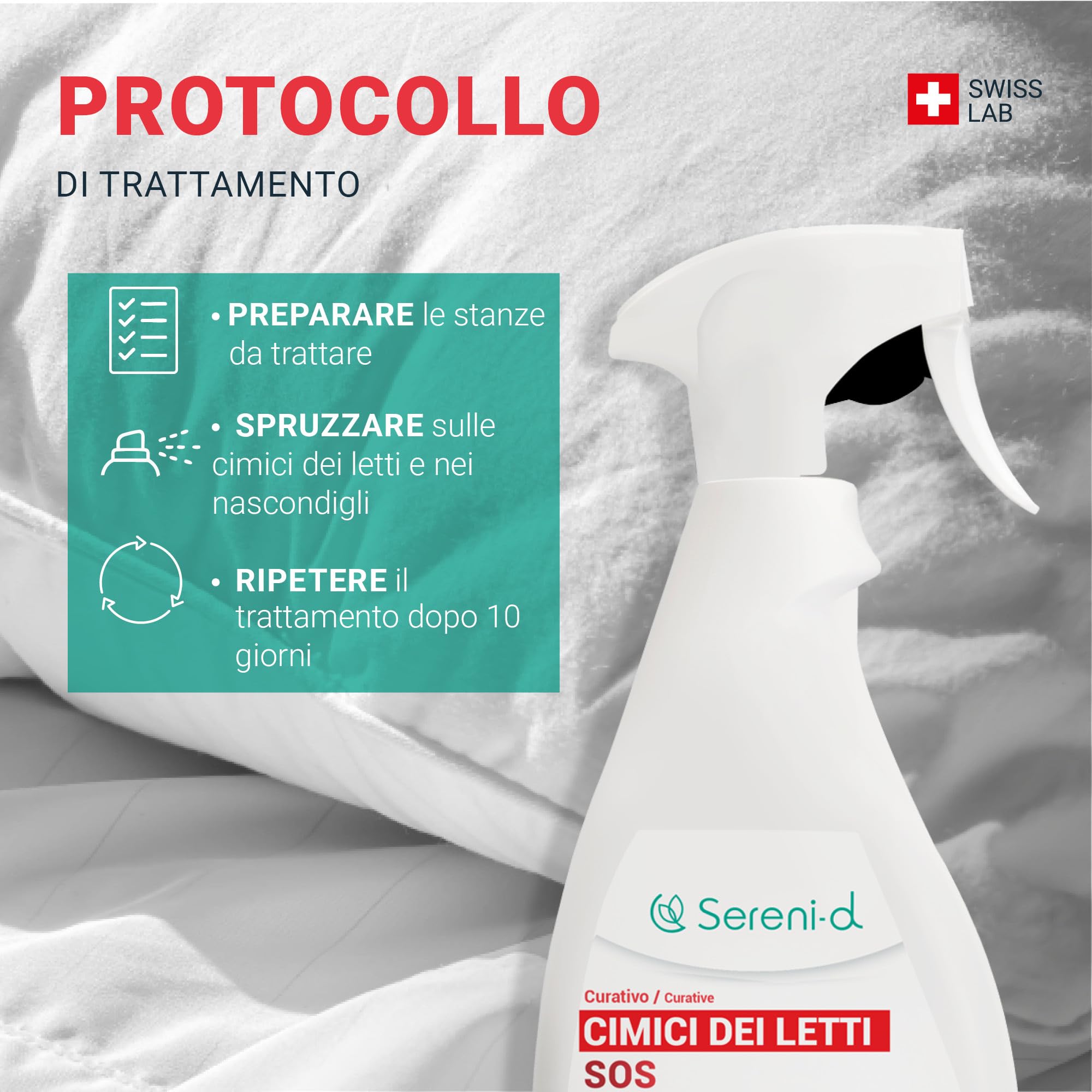 SOS ANTI CIMICI DA LETTO XXL - Spray Insetticida CHOC Trattamento naturale con Oli Essenziali e Fiore di Piretro Vegetale - Disinfestazione facile e rapida delle cimici da letto - 500 mL - Swiss Lab