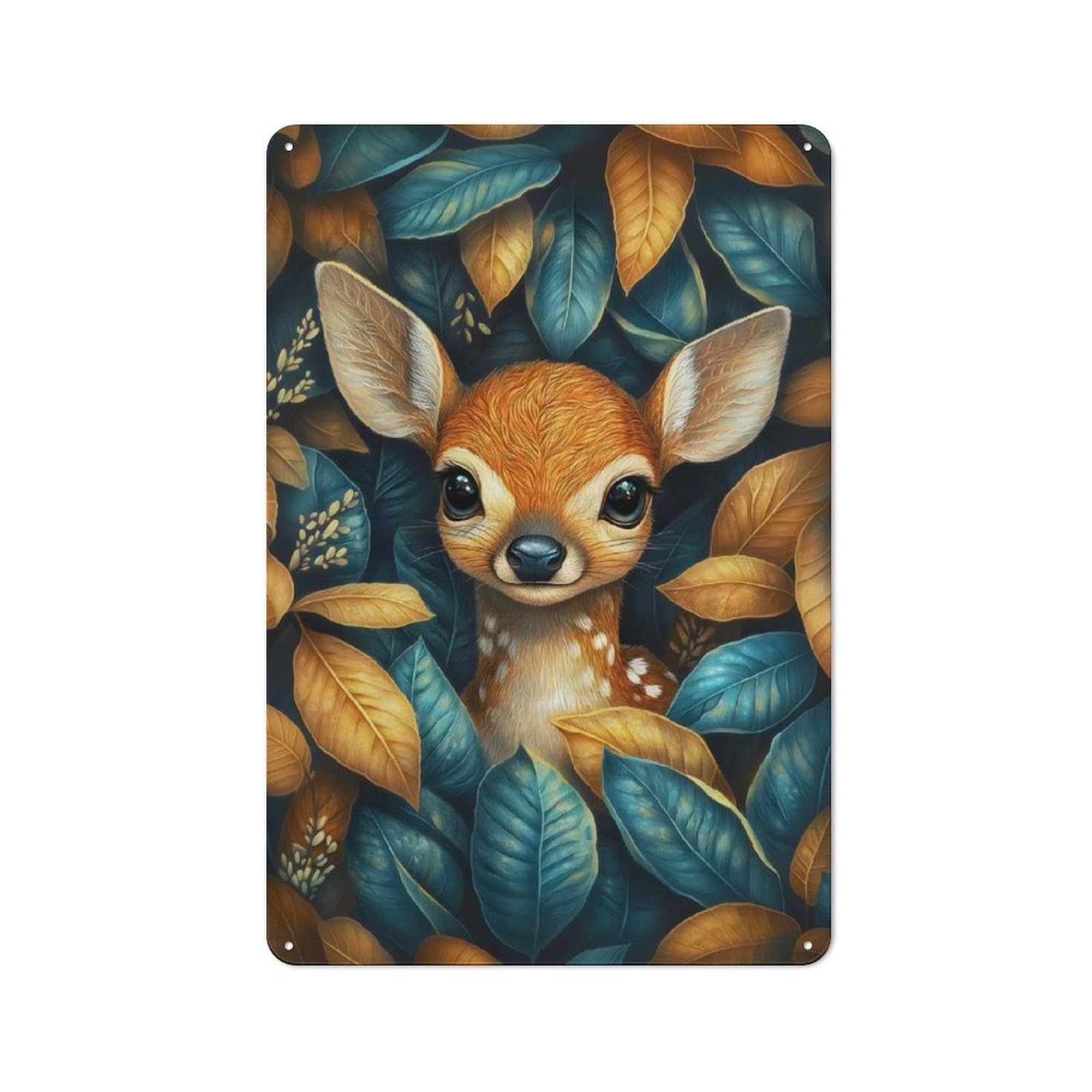 Metal Wall Plaque with Fawn In Autumn Leaves Design 30x20cm, Retro Novelty Wall Art for Bedroom, Kitchen, Office Or Living Room