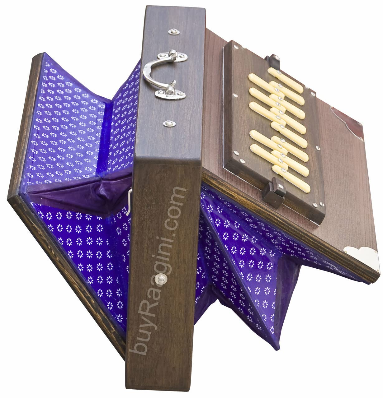 Shruti Box Instrument, Maharaja Musicals, klein, 33 x 9,5 x 7,6 cm, blemished, mit Tasche, Walnussfarbe, 13 Noten, Sur Peti Surpeti, indisches Musikinstrument (PDI-FAH)