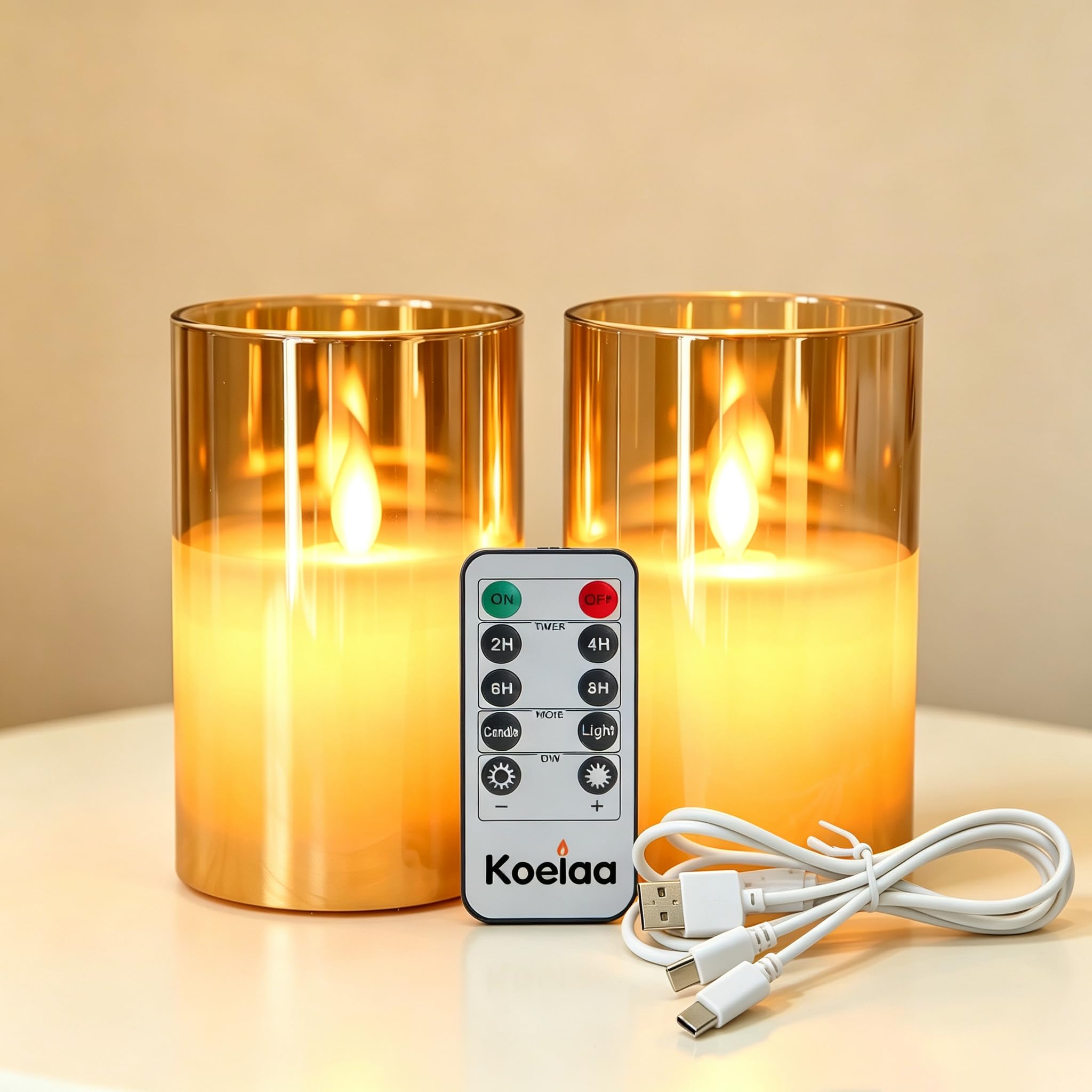 Koelaa 2 Pack Rechargeable Candles, USB LED Flameless Candles with Remote, Realistic Flickering Glass Candle for Christmas Wedding Party Dining Table Home Decor(Brown, 7.5 * 10cm) โ image 1