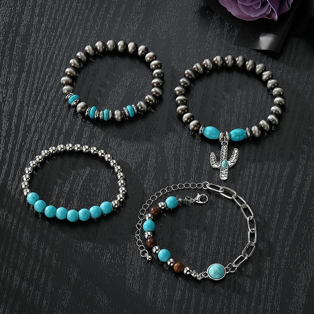Western Turquoise Beaded Bracelet Set for Women Men, Elastic Stackable Feather Cactus Hat Charm Bracelet Boho Vintage Statement Jewelry Concert Rodeo