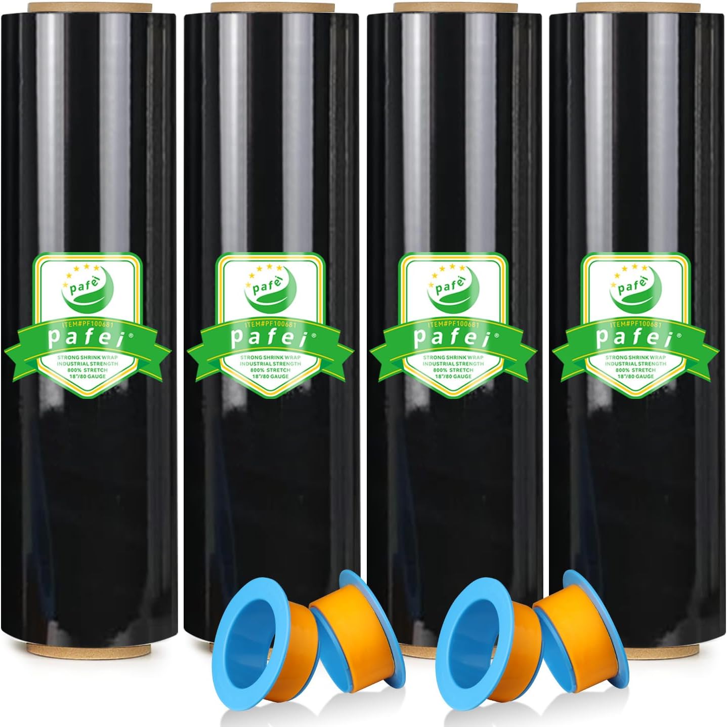 18"x1500ft Black Stretch/Shrink Wrap Roll - 80 Gauge Industrial Plastic Wrap for Moving, Heavy Duty 800% Stretch for Pallets, Packing, Shipping&Furniture Protection? with Handles-4 Rolls 18inch-4pack