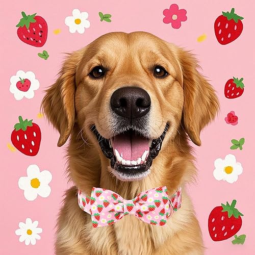 Miniatura 2 de Lindo collar de perro de fresa con corbatín  Collar ajustable de primavera y verano rosa con corbatín rosa, transpirable y cómodo, para perros