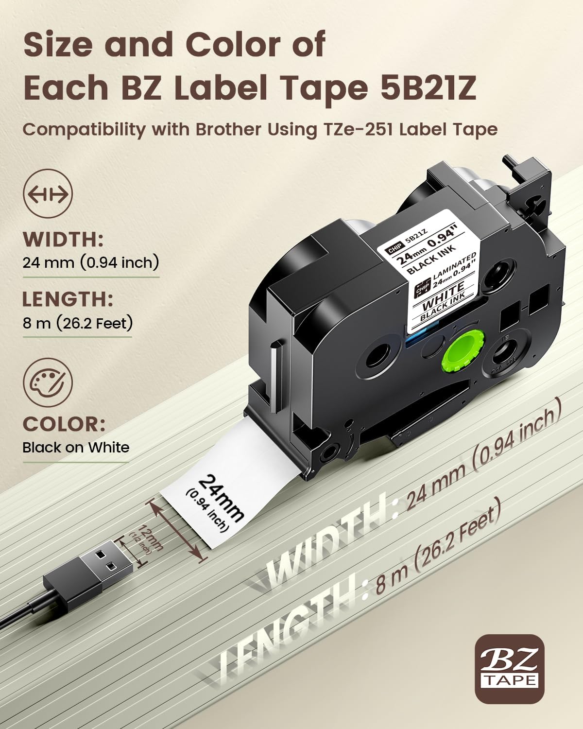 Diagram showing the dimensions of a 24mm label tape, including width and length