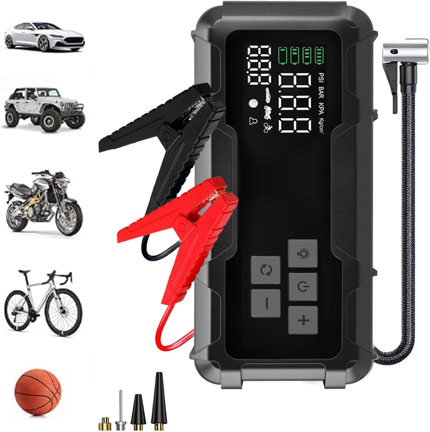 Tire Inflator Portable Air Compressor & Car Jump Starter - 150 PSI Cordless Air Pump Battery Jumper Starter with Pressure Gauge & LED Light for Car Tires, Motorcycle, Bicycle, Balls