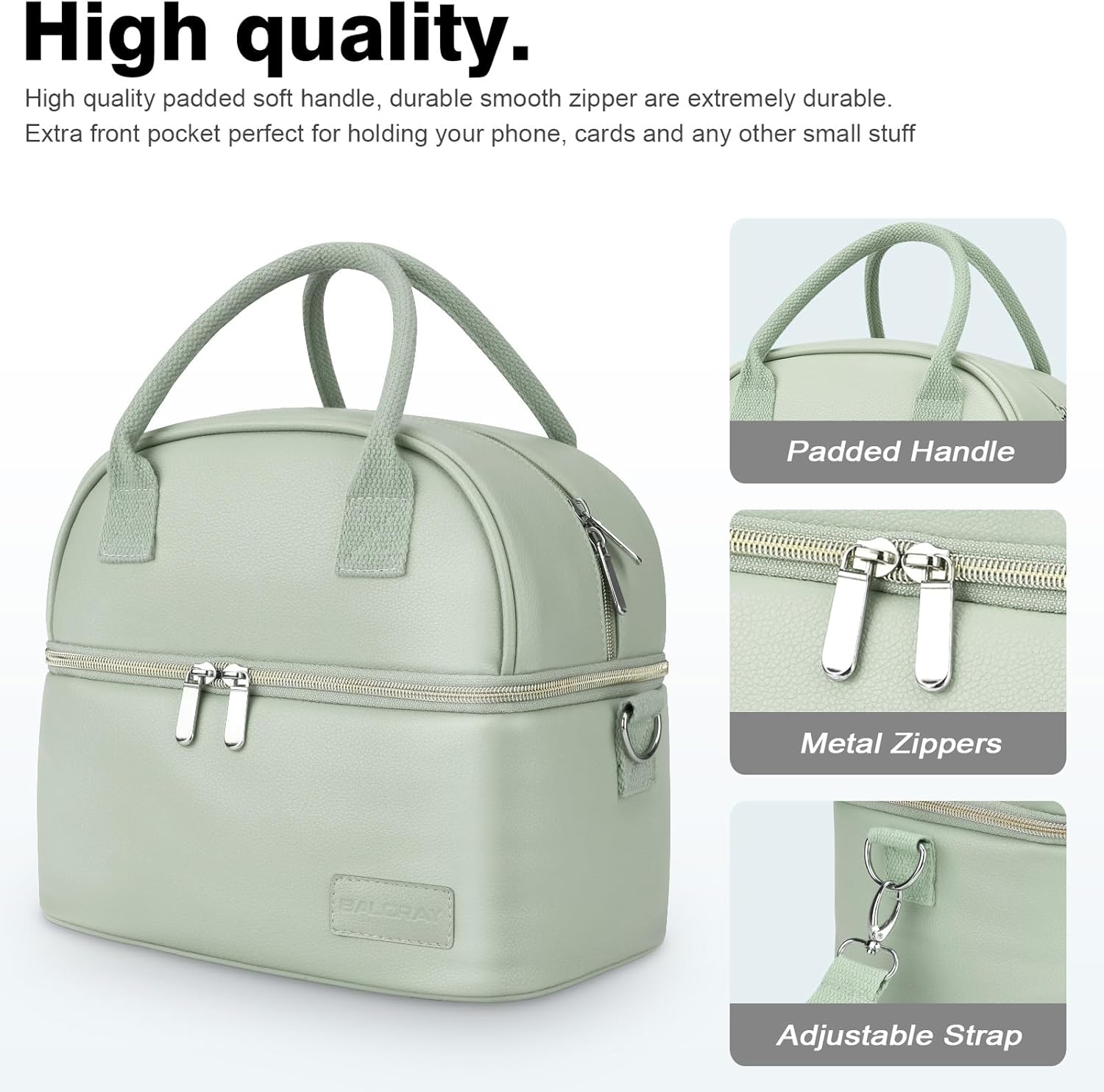 BALORAY Lunch Bag for Women Men, Double Deck Lunch Box for Adults, PU Leather Lunch Tote Bag Insulated Lunch Bags with Strap for Work Office Picnic(Green with strap)