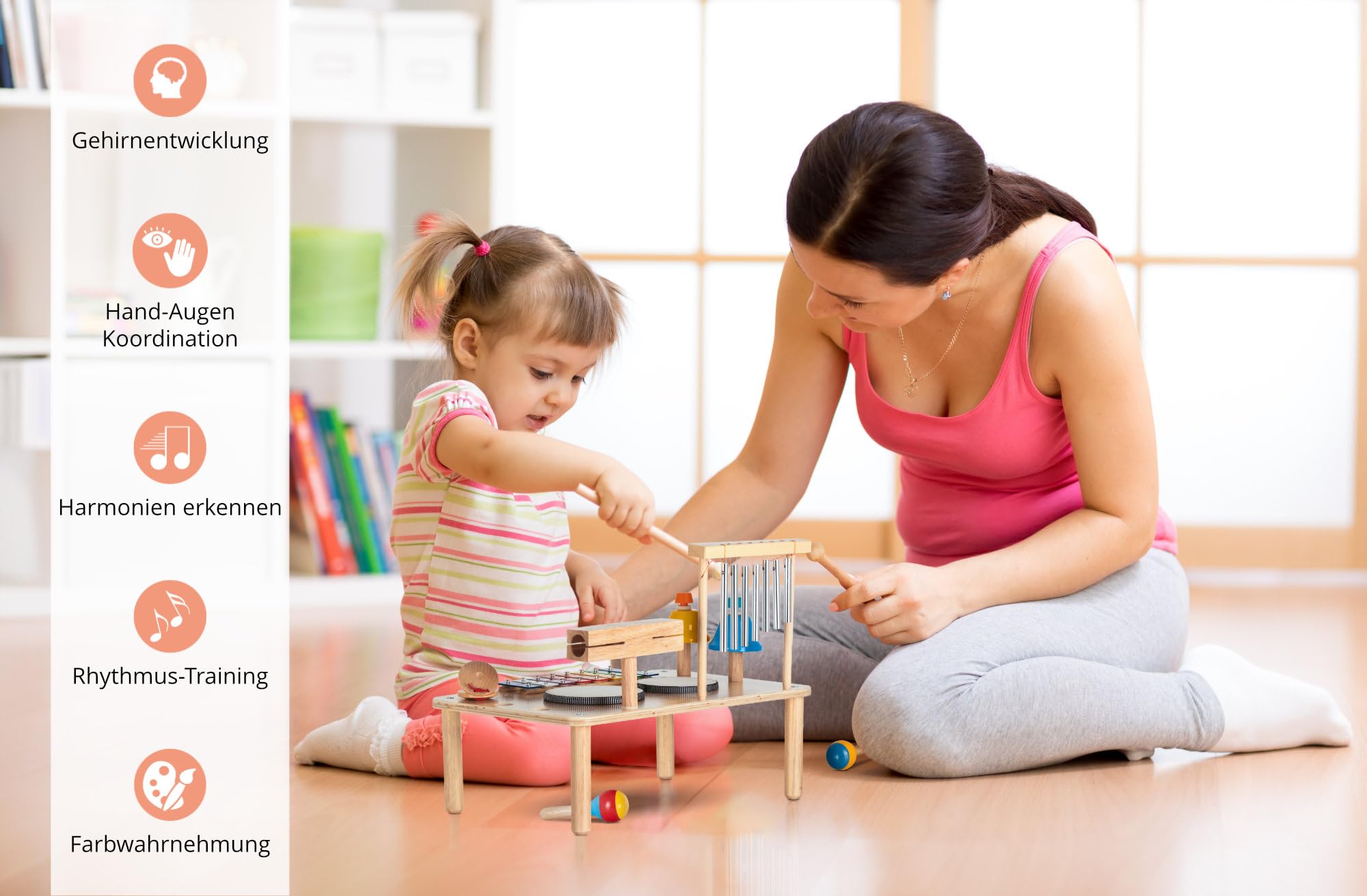 Classic Cantabile 12 in 1 Percussion Schlagzeug Musiktisch - Set für Kinder und Babys ab 1 Jahr - Montessori Kinderspielzeug - Musikinstrumente aus Holz - Für Kleinkinder mit Glockenspiel & Trommeln
