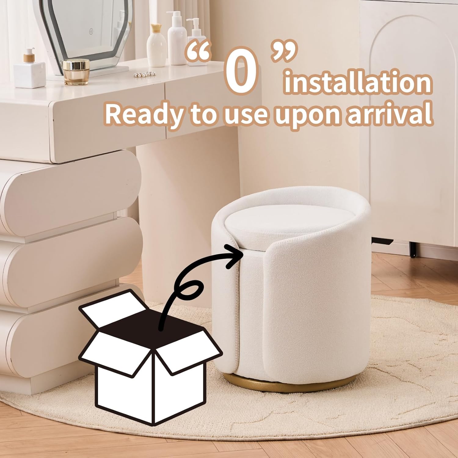 Ottoman with Storage, Round Boucle Vanity Stool No Wheels, Swivel Vanity Chair with Cushion for Girls, Cute Makeup Chair Accent Stool with Back for Living Room & Entryway, Gold Base, White