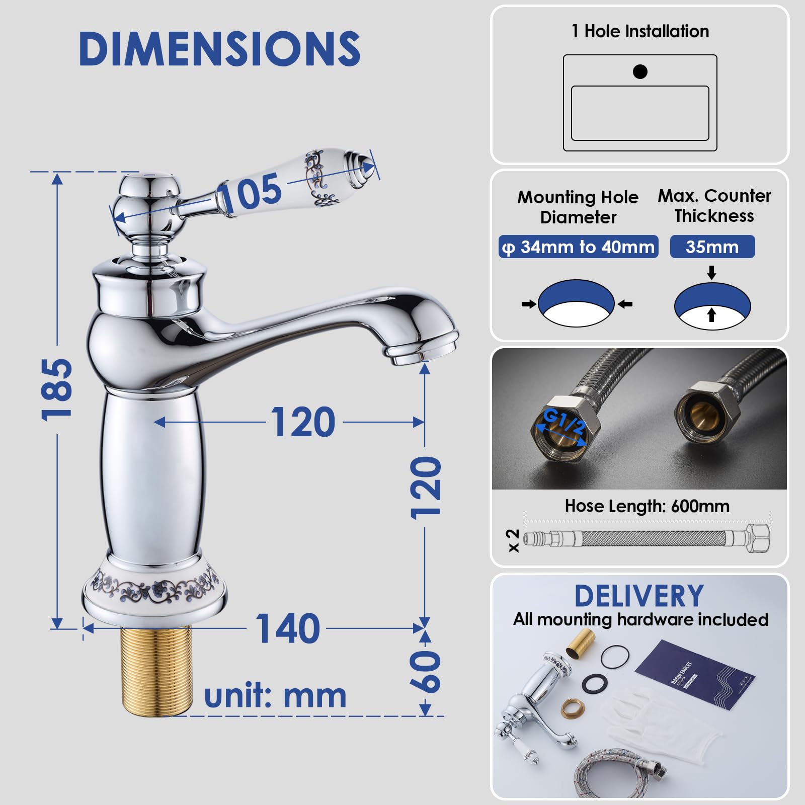 ROVOGO Chrome Vintage Retro Small Basin Mixer Tap for Bathroom with Ceramic Lever Monobloc Bathroom Sink Mixer Tap - Image 4