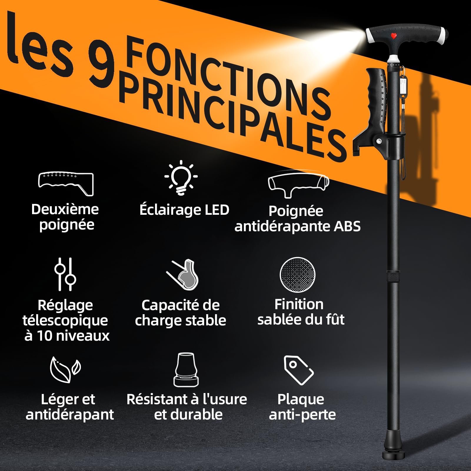 Canne réglable pour homme et femme - Double poignée - Canne réglable avec lumière LED - Bâton de marche pour personnes âgées et personnes souffrant d'arthrite