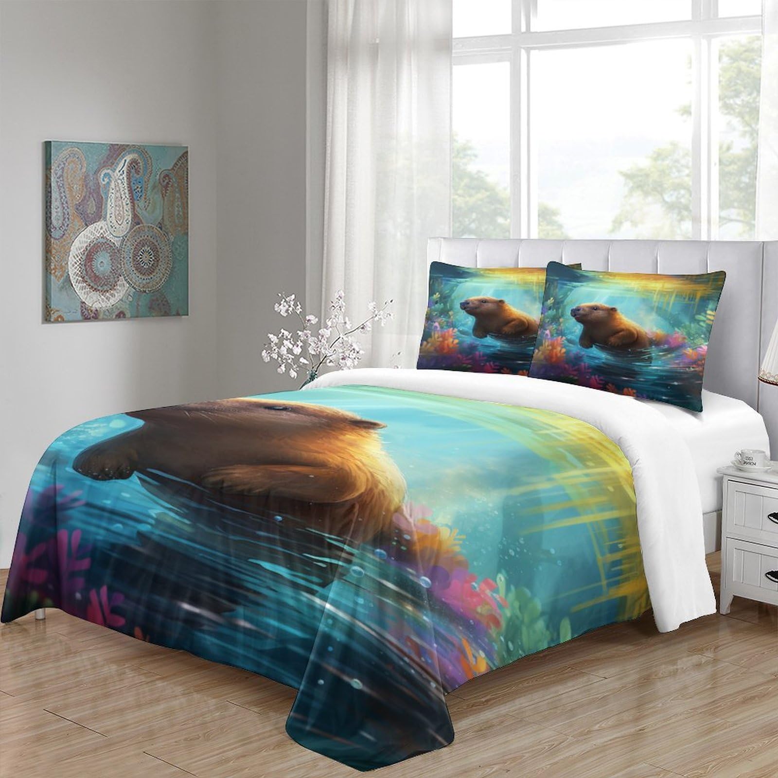 Lontra 3 Pezzi Copripiumino Motivo Per Bambini Adulto Set Biancheria Singolo,Matrimoniale Lontra Copripiumino,Anti-acaro Con Chiusura A Cerniera Facile Da Pulire Grande（220x240cm）