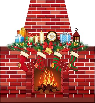 TaoBary Christmas Fireplace Backdrop for Photography Red Brick Fireplace Decorations for Xmas Party Burning Firewood Backdrop Flaming Woods Background with 20 Dot Adhesive Tape, 38.6 x 35.4