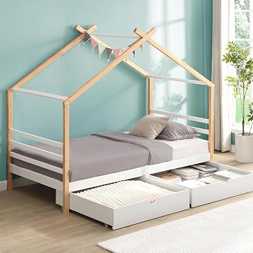 Twin Size House Bed with Storage Drawers for Kid Bedroom, Twin Wood Bed Frames for Boys Girls, Playhouse Platform Bed Frame with Roof, No Box Spring Needed, 78.13" L x 41.3" W x 70" H