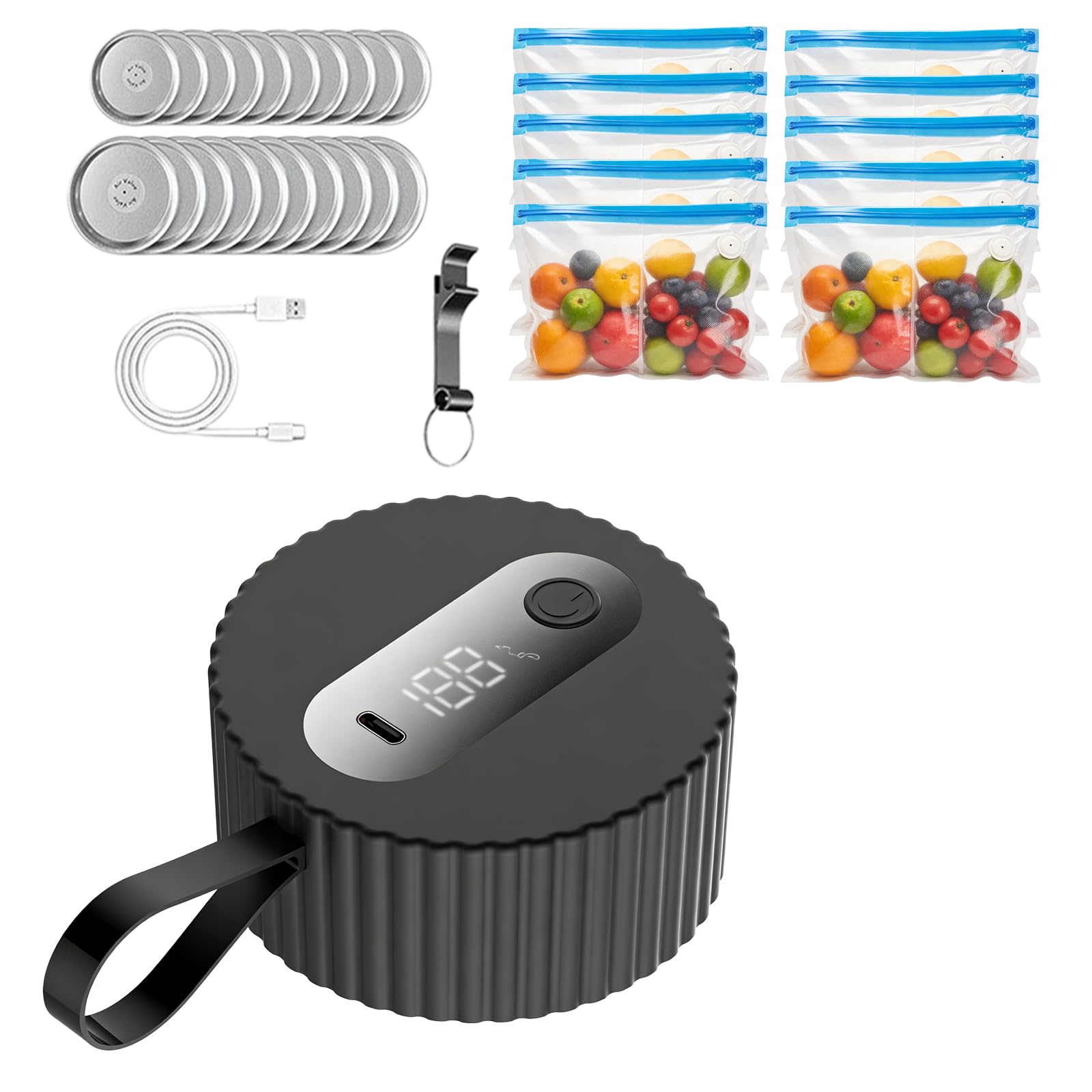 Vakuumierer für Gläser, Vakuumierer für Einmachgläser mit 20 Deckeln 10 Vakuumbeuteln, 3-in-1 Electric Mason Jar Vacuum Sealer Kit, Automatik-Stopp Vakuumiergerät für Breite & Normale Öffnungen