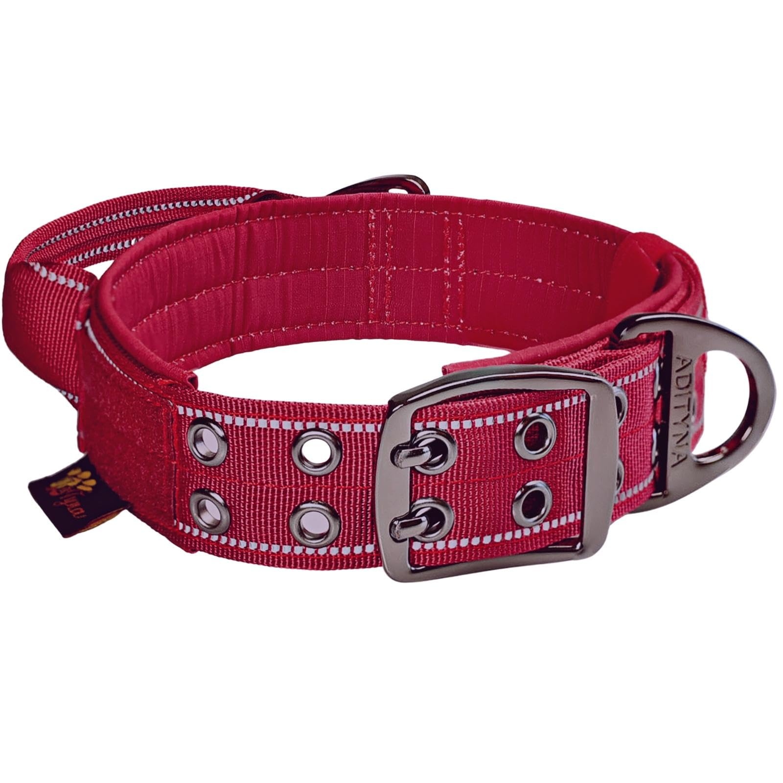 ADITYNA - Collar de perro resistente con asa - Collar reflectante de color burdeos para perros grandes - Ancho, grueso, táctico, acolchado suave