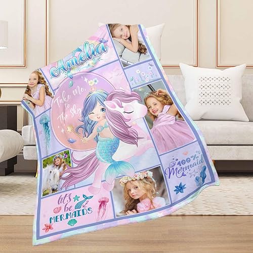 Miniatura 5 de Manta de fotos personalizada para bebés y niñas, manta de sirena personalizada con nombre para niños, niñas y adultos, 50 x 60 pulgadas, fabricada