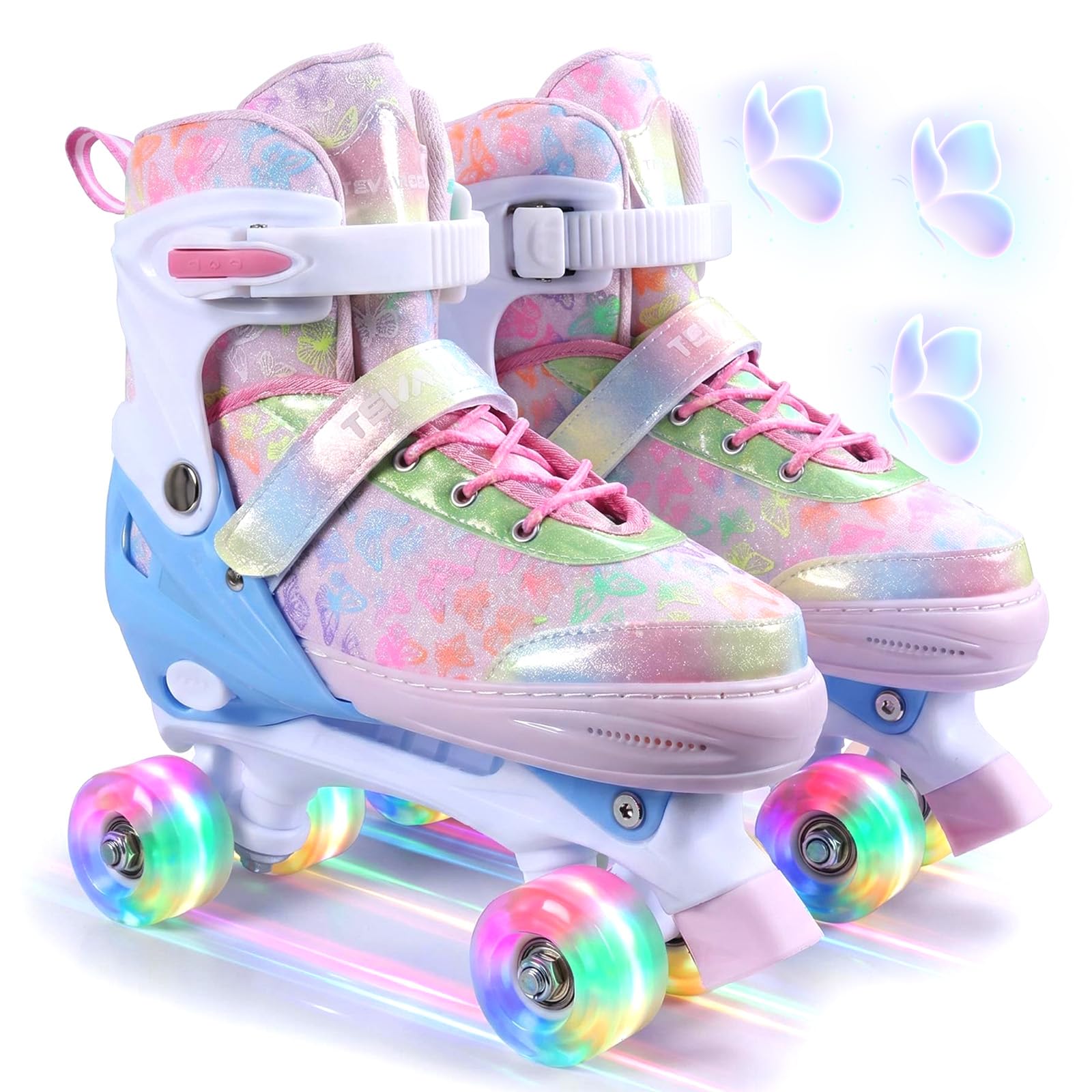 4 Sizes Adjustable Kids Roller Skates for Girls Boys Indoor Outdoor Sports, Butterfly-Pink, Small-Little Kids