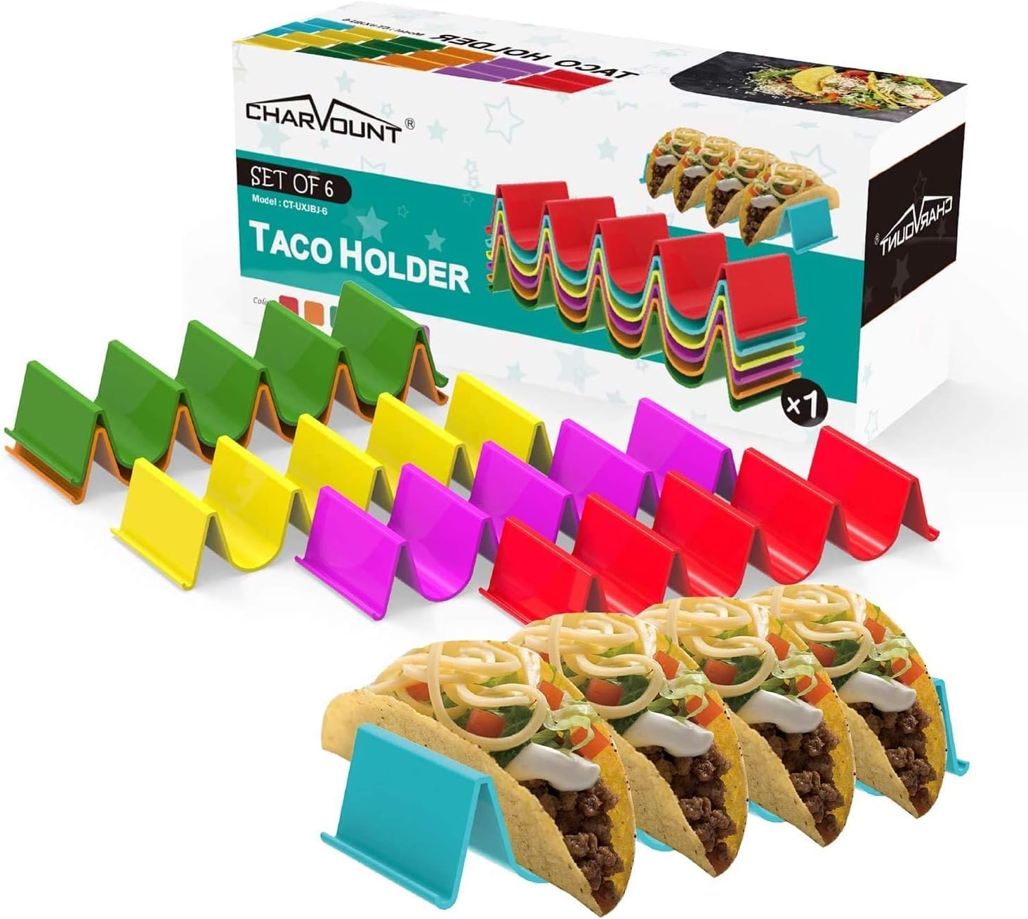 Charmount Taco Holder Stand, Set of 6 New Upgrade Colorful Taco Rack Holders - Premium Taco Shell Holder Stand on Table, Hold 4 Hard Shell Tacos Serving Tray, Dishwasher & Microwave Safe