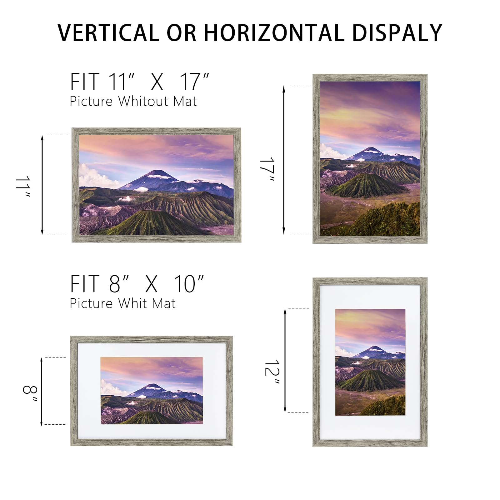 Zestaw 3 ramek na zdjęcia 11 x 17, ramka na zdjęcia 8 x 12 zdjęć z matą lub 11 x 17 bez maty, zawieszona na ścianie, ramka na plakat, szara
