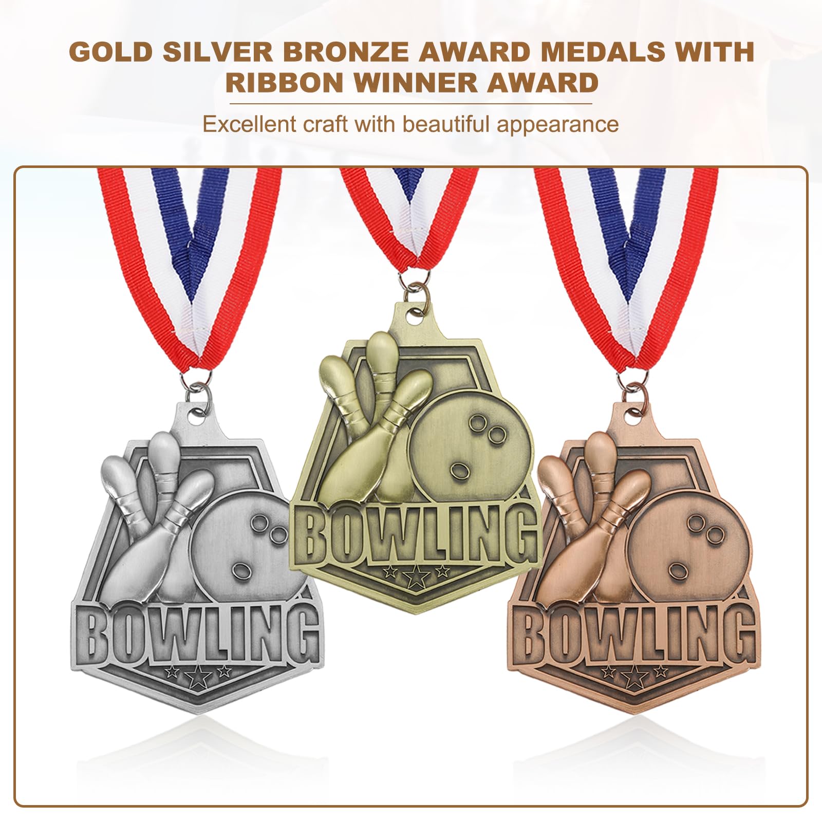 PATIKIL Medaglie d'oro, Argento e Bronzo Rilievo per Giochi Bowling con Nastri Rosso, Bianco e Blu, Medaglia di Bowlingo 9Pz Medaglie per Vincitori Premi Competizioni Oro/Argento/Rosso