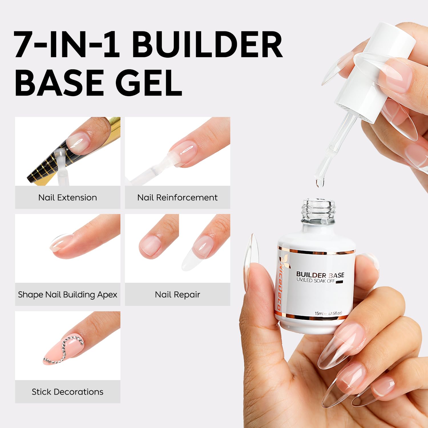 Nicedeco Hema Free Builder Nail Gel Polish 15ML 7 in 1 Clear Base Cruelty Free Vegan Strengthener Gel Hard Gel Extension