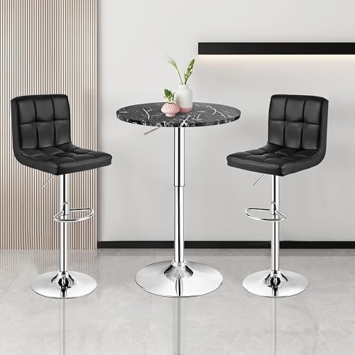 Miniatura 6 de Giantex Mesa redonda de pub ajustable en altura, mesa de cóctel giratoria de 360° con patas plateadas y base para el hogar, mesa de bar (1, negro)