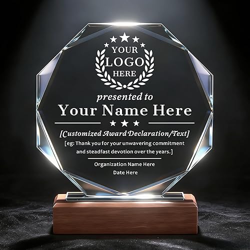 SHIP NEXT DAY, Personalized Crystal Award Trophy - Custom with Company Logo Text & Employee Name, Engraved Award for Corporate Recognition, Years of Service, Leadership, Employee Appreciation (Style 01)