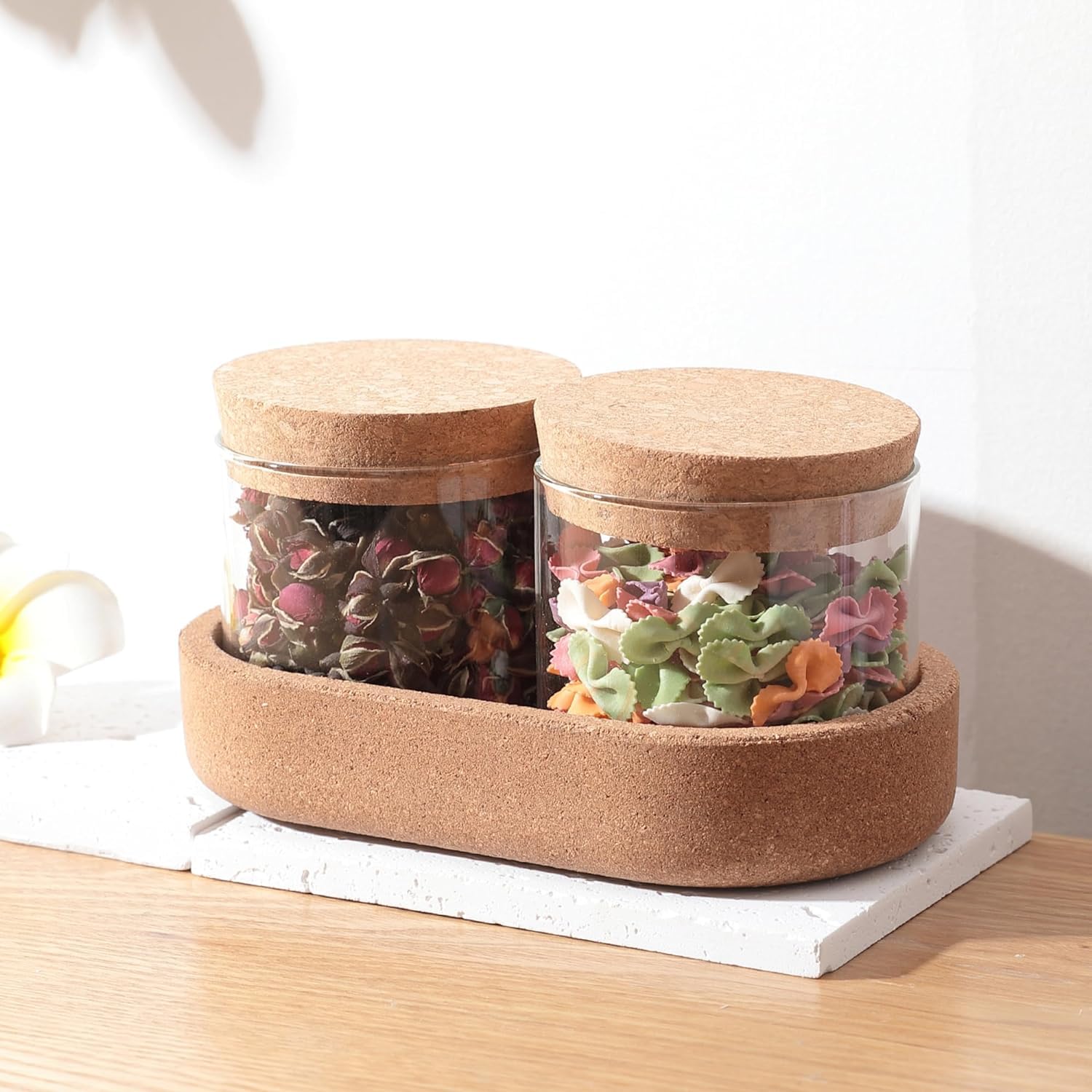 Kuber Industries Borosilicate Jars With Cork Lids And A Cork Tray For Kitchen | Pack of 2 | 270ml | Airtight Glass Containers With Lid | Kitchen Containers Set | Multipurpose | Transparent