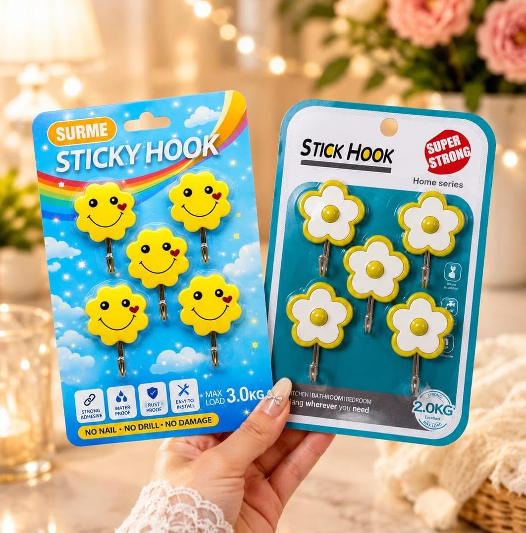 Cute Daisy Flower & Smiley Self Adhesive Wall Hooks Set of 10 | Heavy Duty Waterproof No Drill Sticky Wall Hooks | Multipurpose Hooks for Bathroom, Kitchen, Bedroom, Living Room | Key Holder-image-22