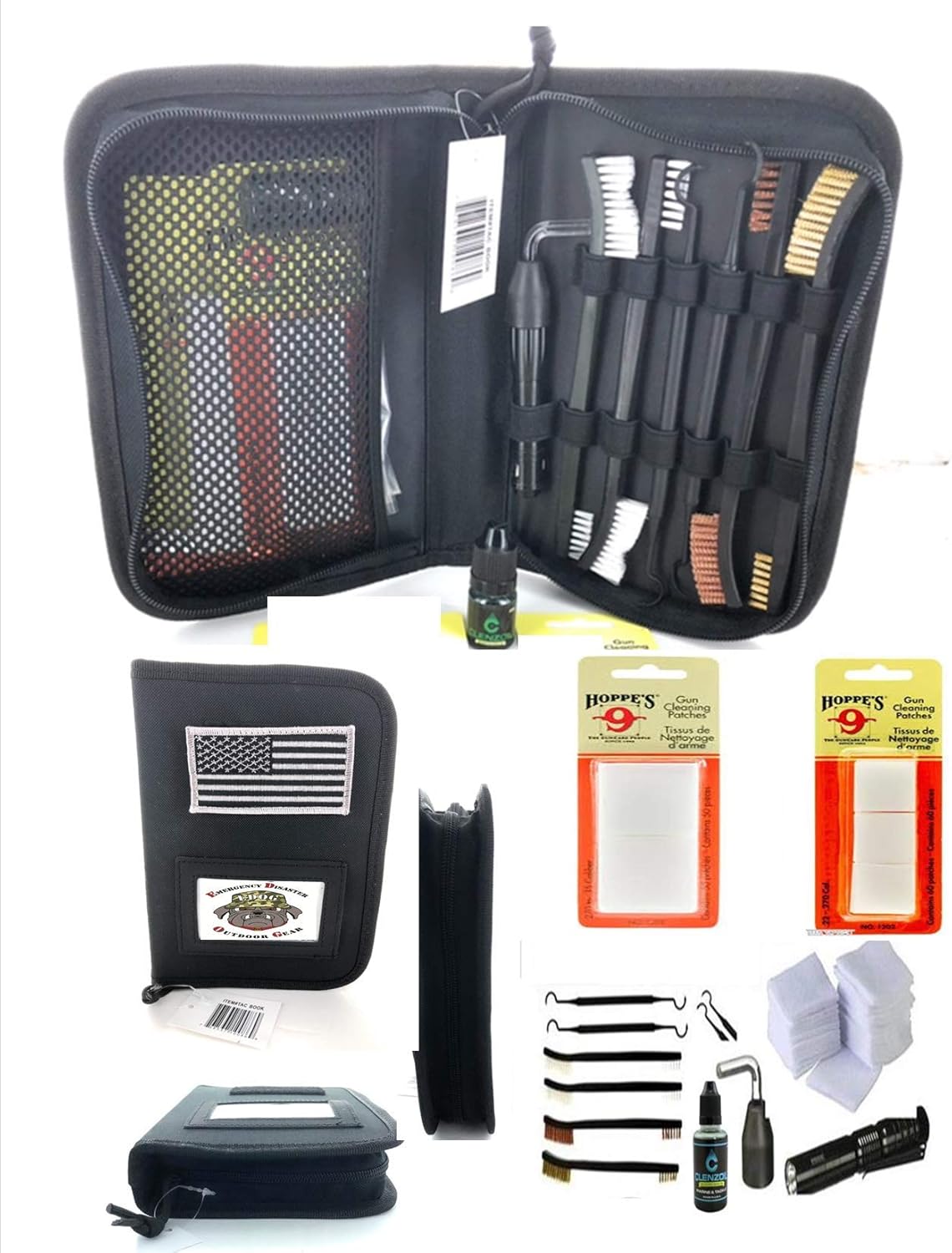 EDOG Tac Book Basic 16 Pc Gun Cleaning Kit Essentials & Accessories Set Universal for All Handguns .22 .38 .357 9mm .40 .45 Cal Hoppes No.9 Patches, Clenzoil CLP, Cleaner Brushes, Picks & Bore Light