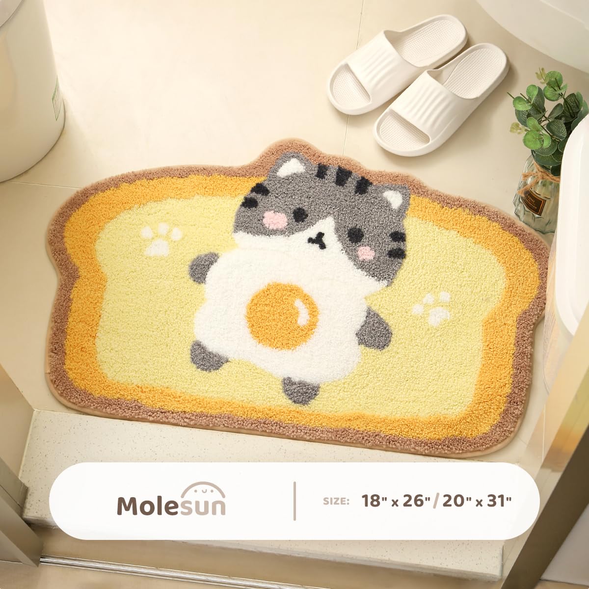 Molesun Cute Bath Mat Toast, Soft & Absorbent Microfiber, Non-Slip Shaggy Shower Carpet, Machine Washable, Cat, 46 x 66 cm - Image 2