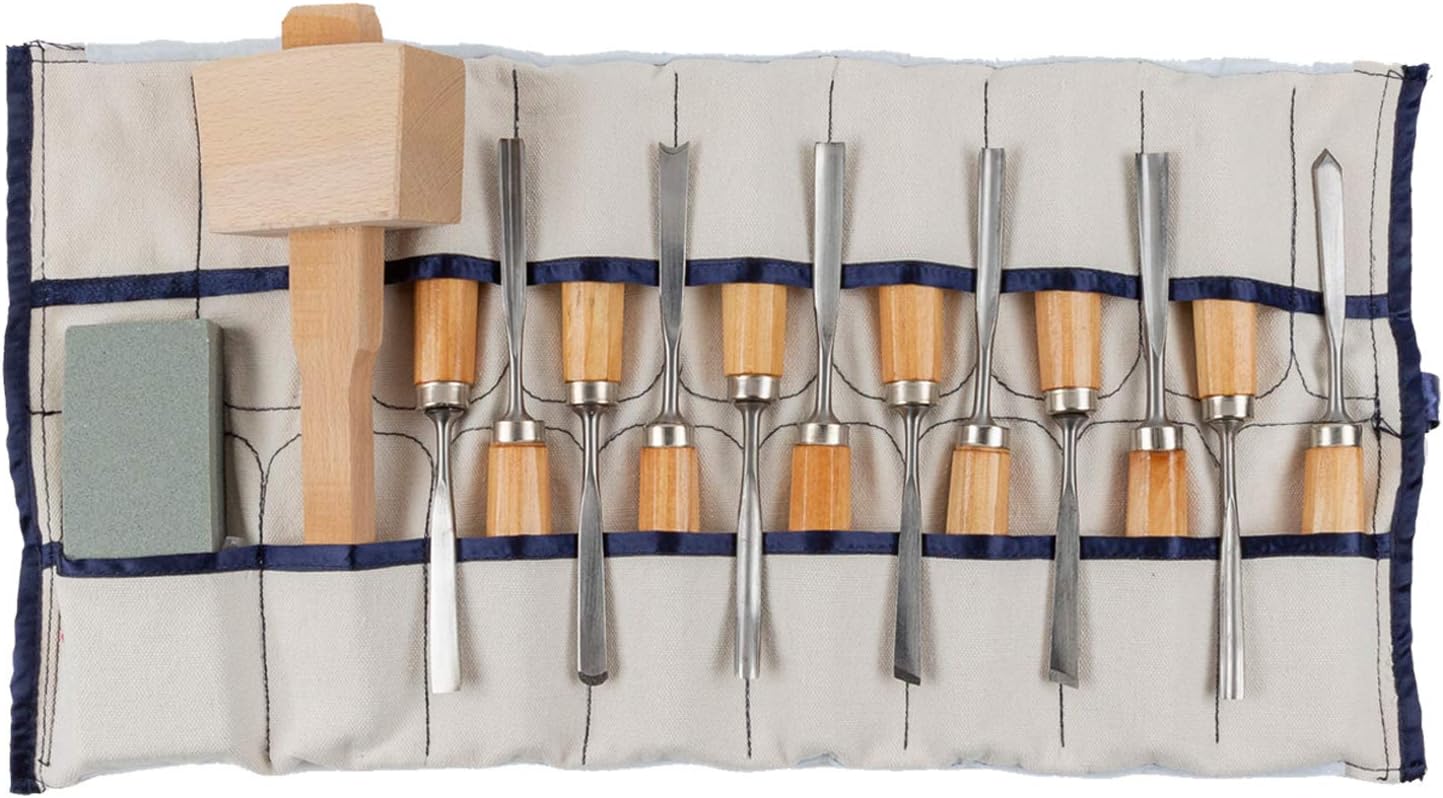 Puli Craft Wood Carving Knife Tools Set - Gouges Chisels Sharpening Stone Mallet Beginner Woodworking Kit with Canvas Case - Precision Cutting & Shaping for Personal Use Whittling