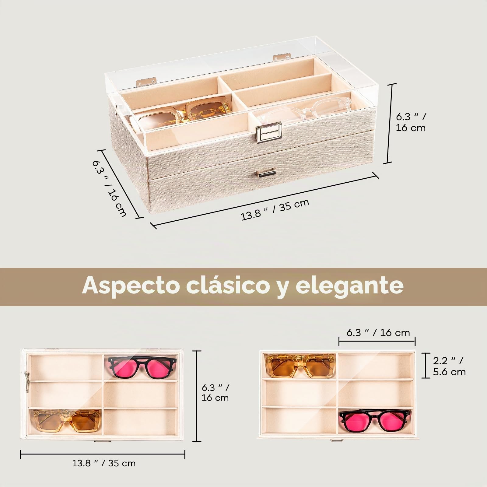 ProCase Caja para 12 Gafas, Estuche de Gafas de Sol con Tapa de Cristal 2 Capas 12 Compartimentos para Gafas Joyería Relo -Negro