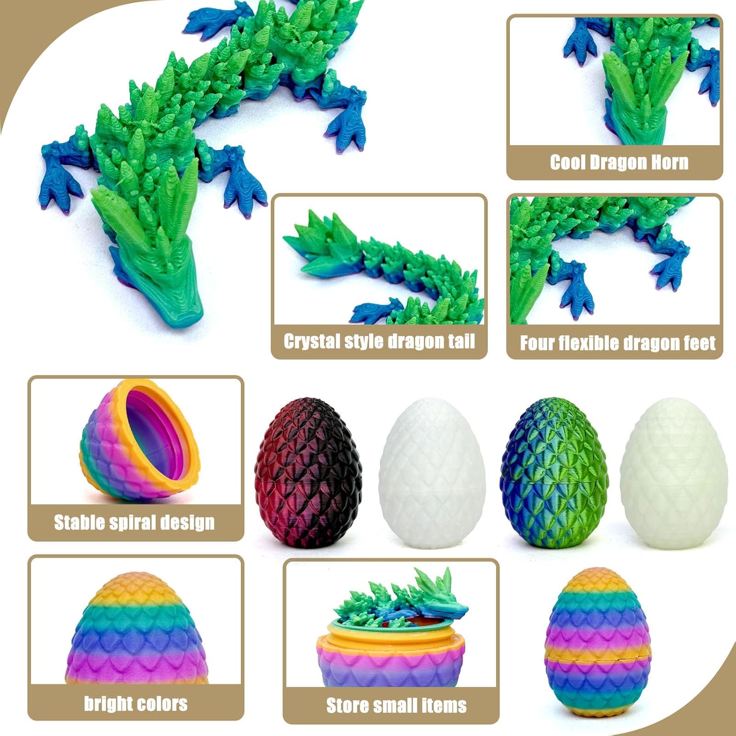 5PCS 3D Printed Dragon Eggs with Dragon Inside Easter Eggs 3D Printed Dragon Easter Toys Mystery 3D Dragon Egg 3D Printed Animals Toy Dragon Fidget Toy Home Office Decoration (Multicolor3-5pcs)