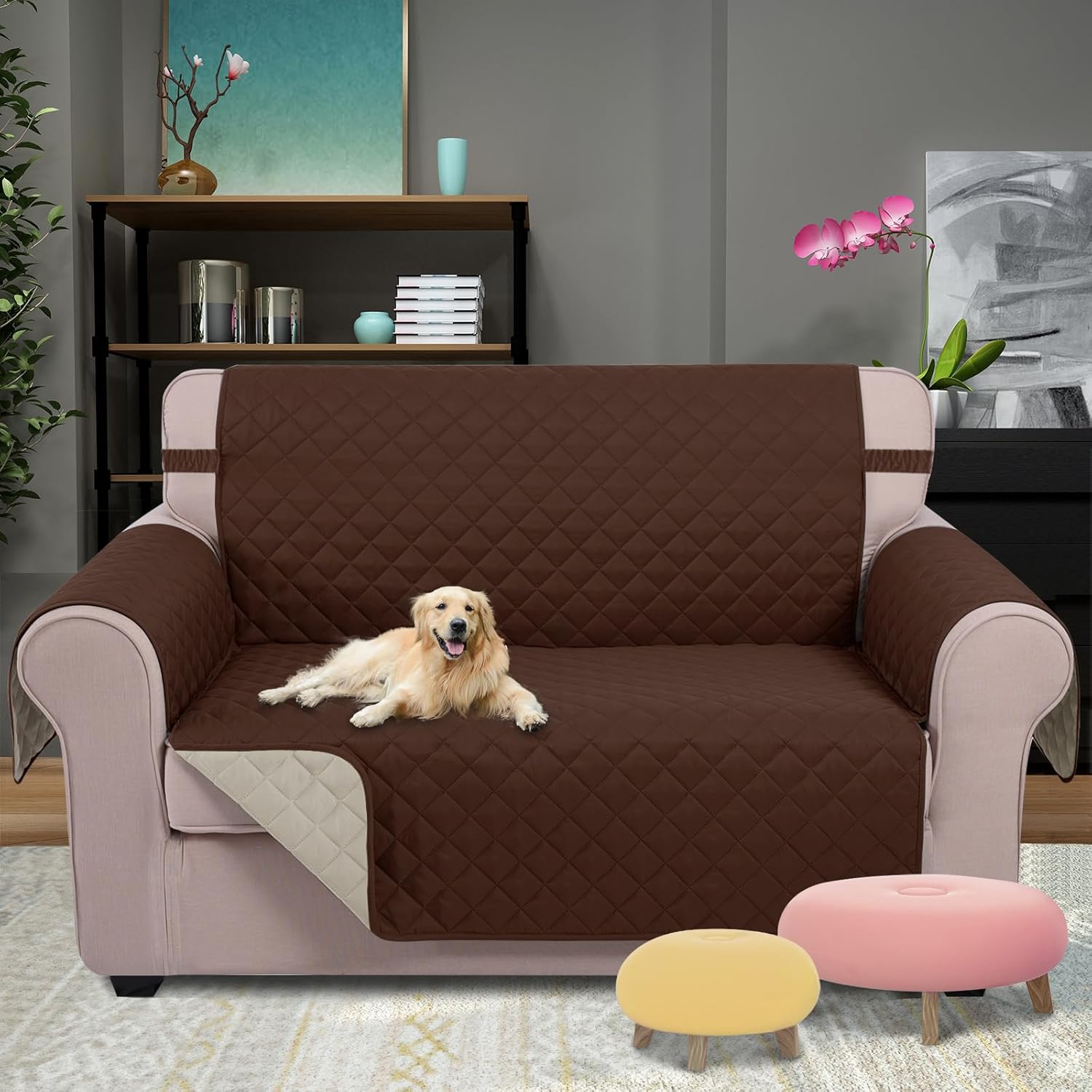 u-nice home loveseat sofa cover reversible couch cover for dogs with elastic straps water resistant furniture protector for pets couch cover for 2 cushion couch (loveseat, brown/beige) brown/beige 54"loveseat-medium