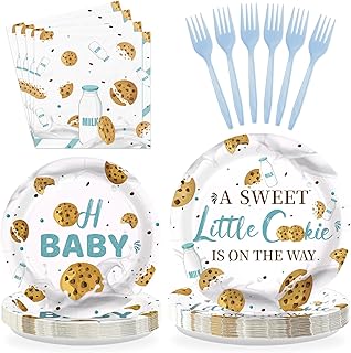 96Pcs Milk and Cookies Baby Shower Decorations A Sweet Little Cookie Is on The Way Plates and Napkins Sets Milk Cookie 1st Birthday Party Decorations for Biscuit Breakfast Party Supplies Serves 24
