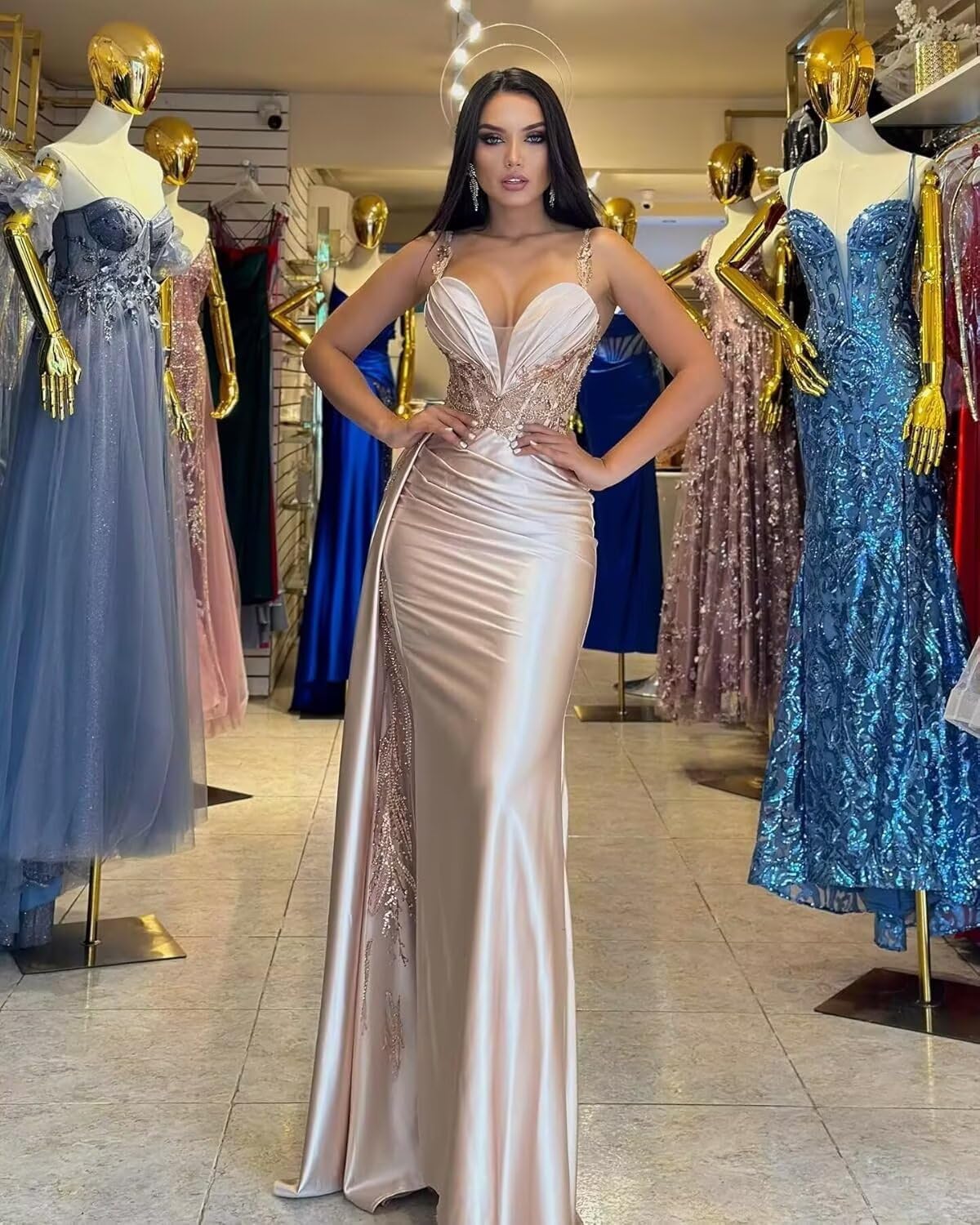 Sequin Applique Satin Prom Dress Ruffle Mermaid Prom Dresses for Women Spaghetti Strap Formal Dress with Split