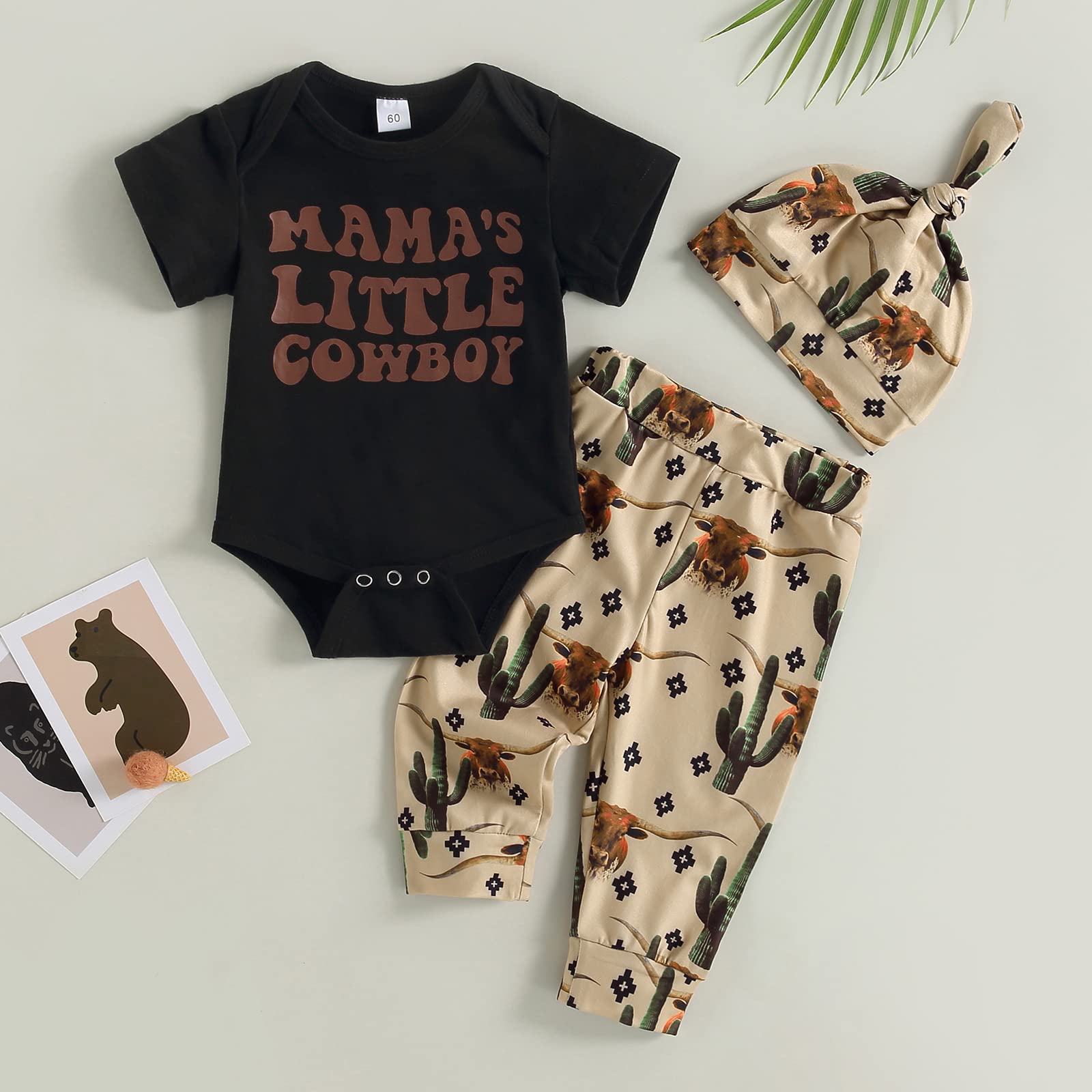 Gaono Newborn Baby Boy Coming Home Outfit Western Cowboy Clothes Boots Print Short Sleeve Romper Long Pants With Hat Set (Black, 3-6 Months)