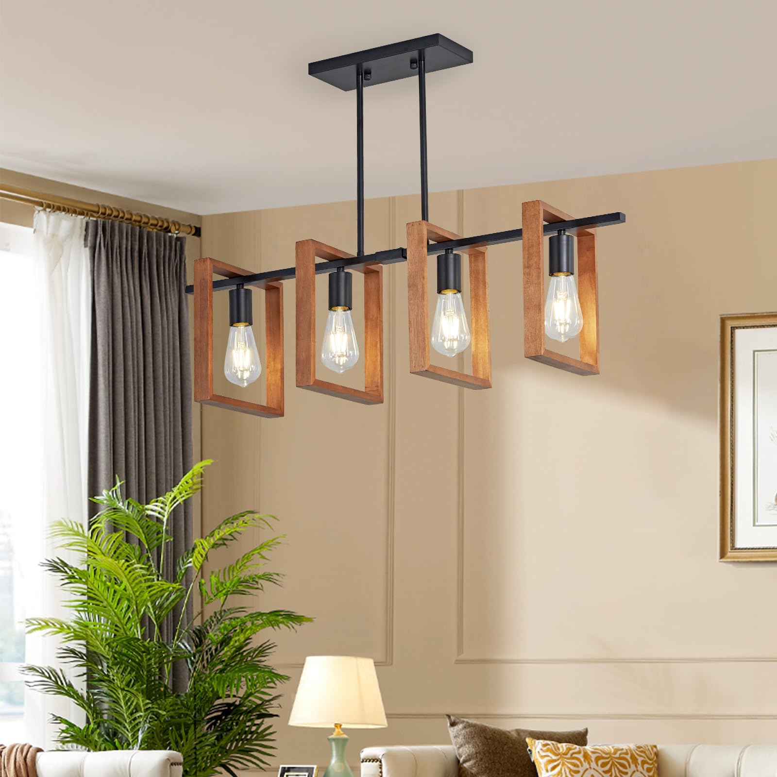 Iluminación de isla de cocina,luces de mesa de billar de madera y metal,alturas colgantes industriales ajustables Lámparas de Techo para comedor y sala de estar,pasillo de vestíbulo (A,4 Heads)