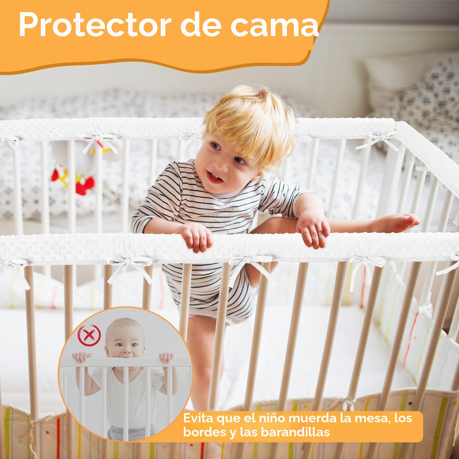 Protector de borde de cama para cunas, protección para marco de cama, borde de cuna, reborde de cuna, extraíble, lavable, protector de bordes y protección de esquinas (blanco)