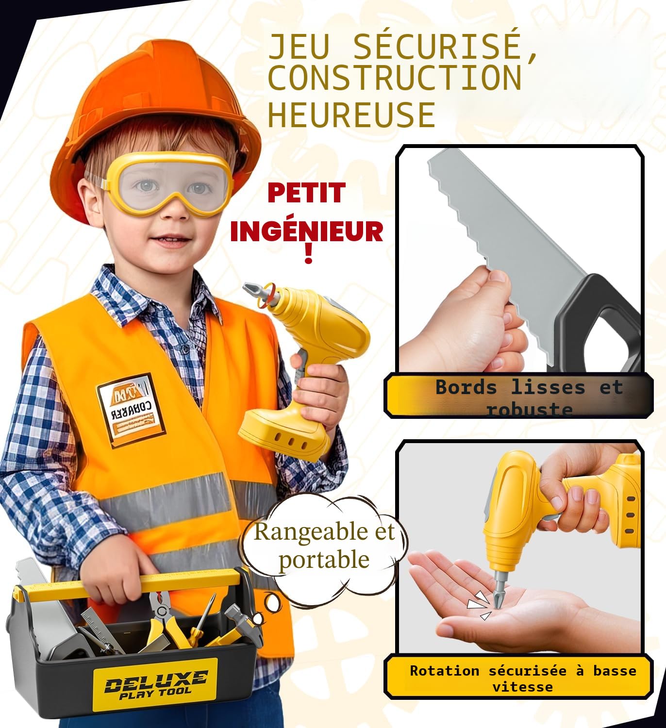 Lehoo Castle Boite Outils Enfant, Etabli avec Perceuse Électrique, Visseuse, Metre Ruban, Démonter et Assembler Voiture, Caisse a Outil Cadeau Montessori Jouets pour Enfant 3 Ans+